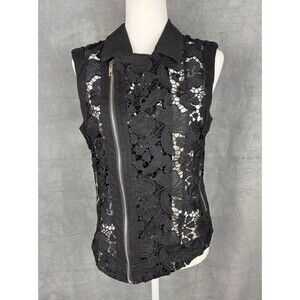 Adore Black Floral Lace Moto Vest Size Small Festival Layering Edgy Boho Whimsi